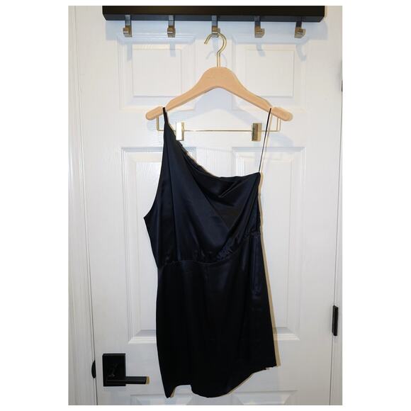 Michelle Mason - Pleated One Shoulder Silk Mini Dress in Midnight Blue / Size 4 - Picture 2 of 5